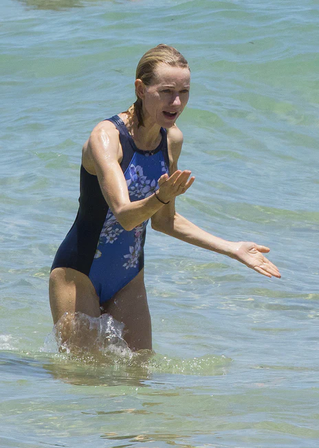 Naomi Watts Shows off Her Slender Figure in a Floral Print Blue Swimsuit in Sydney 12-24-2015
